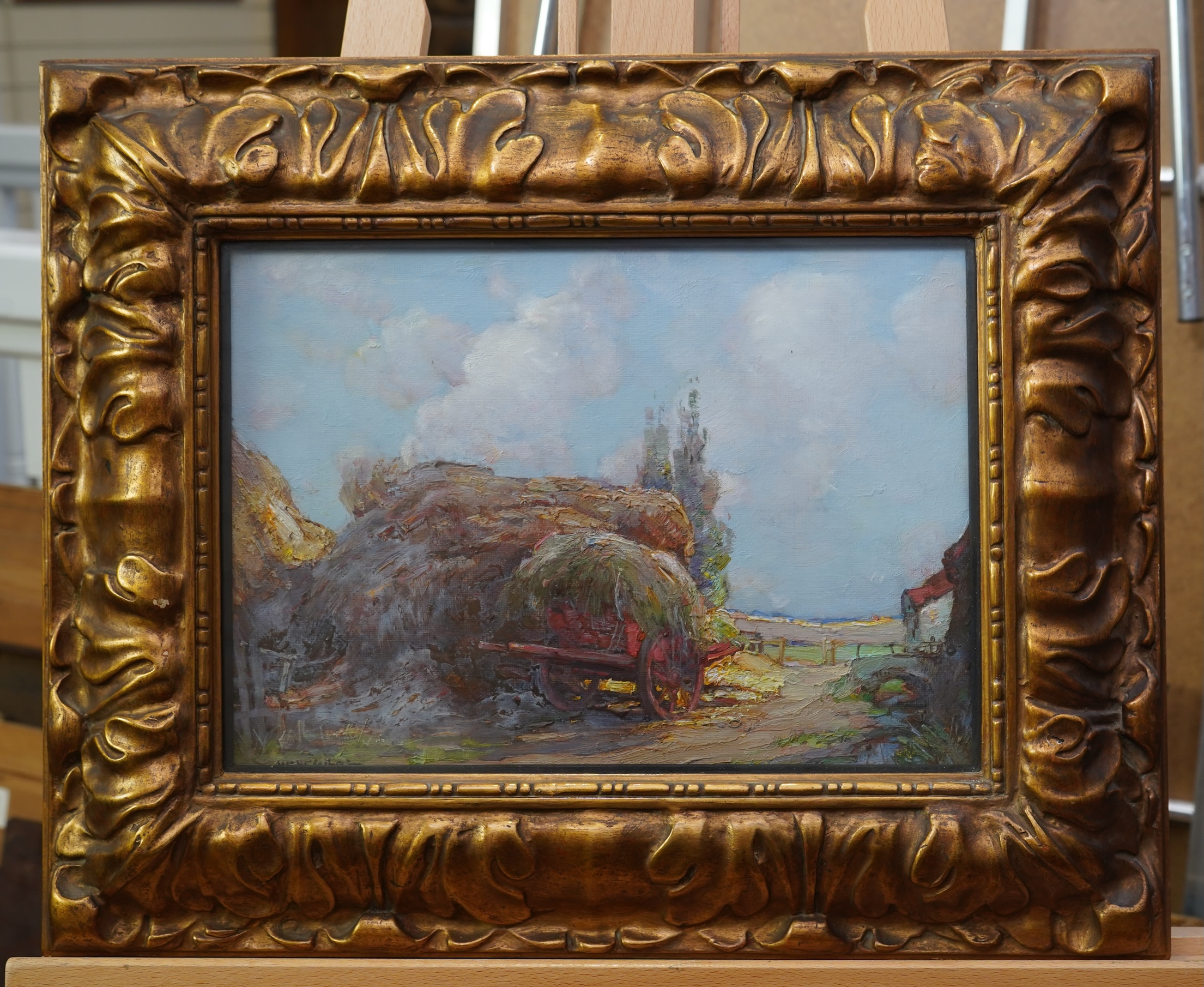 William Watt Milne, 1865-1951, A haycart beside a haystack in a farmyard